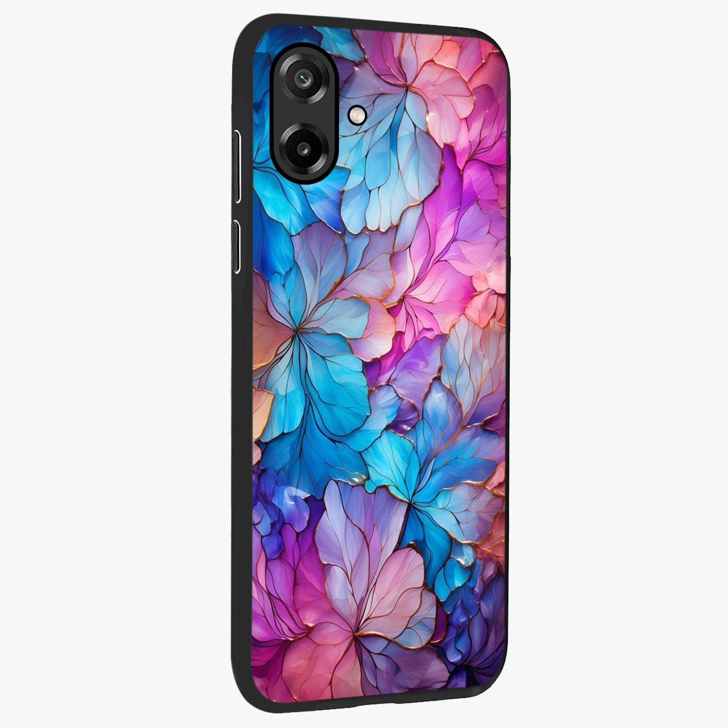 Radiant Floral Whirl Glass Case upright view showcasing lively floral artwork with decorative swirl theme.