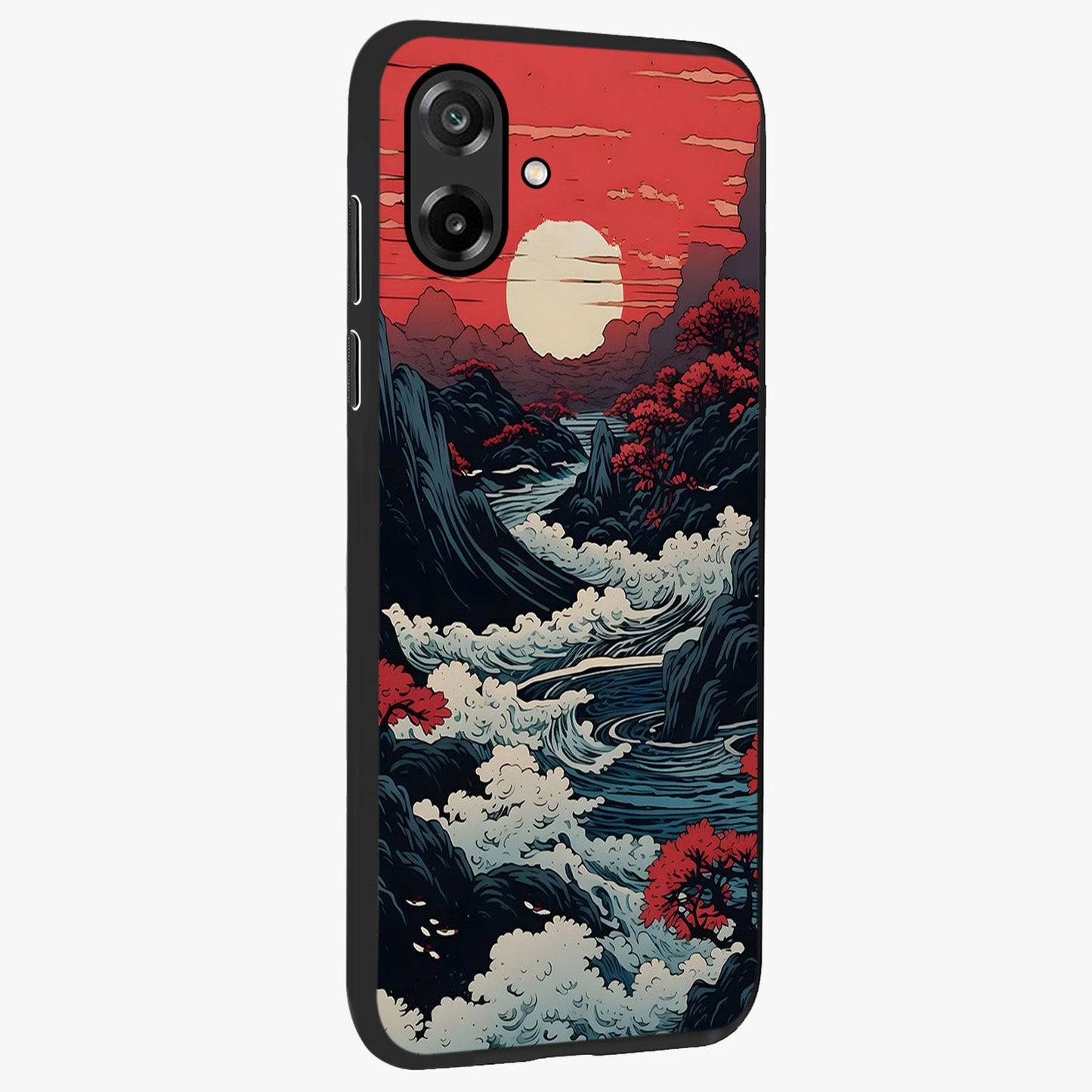 Red Sunset Scenery Glass Case upright view showcasing dramatic sunset scenery artwork with warm nature theme.