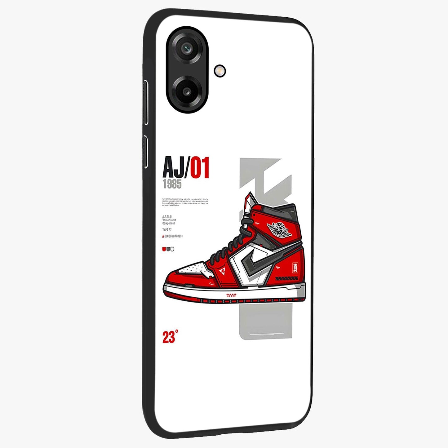 Retro Sneaker Blueprint Glass Case upright view showcasing stylish sneaker illustration with vintage streetwear theme.