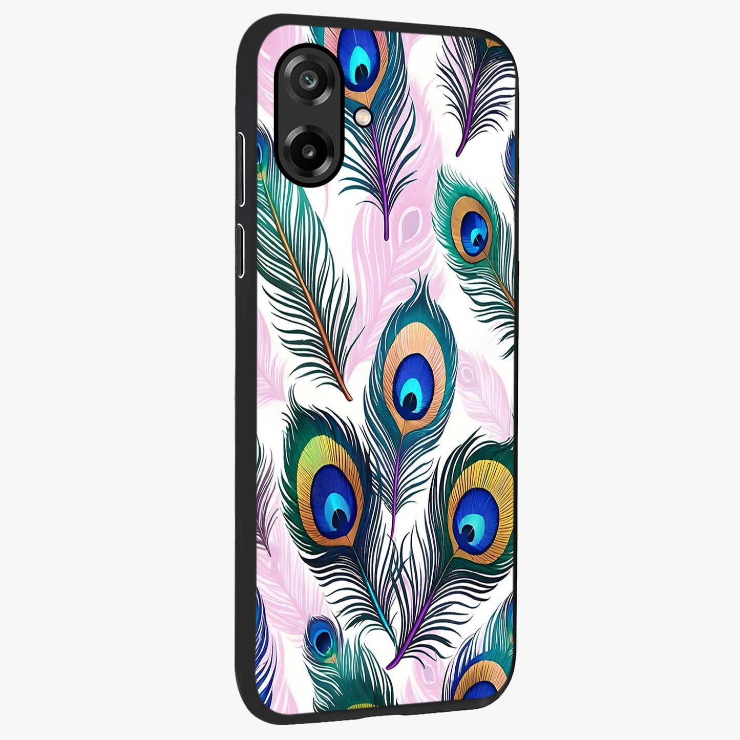 Royal Peacock Feathers Glass Case upright view showcasing elegant peacock feather artwork with decorative royal theme.