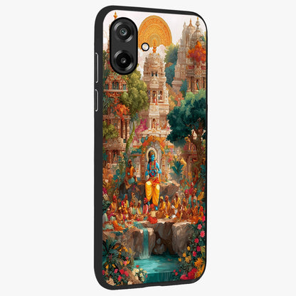 Sacred Sunlight Gods Glass Case upright view showcasing glowing divine artwork with sacred mythological theme.