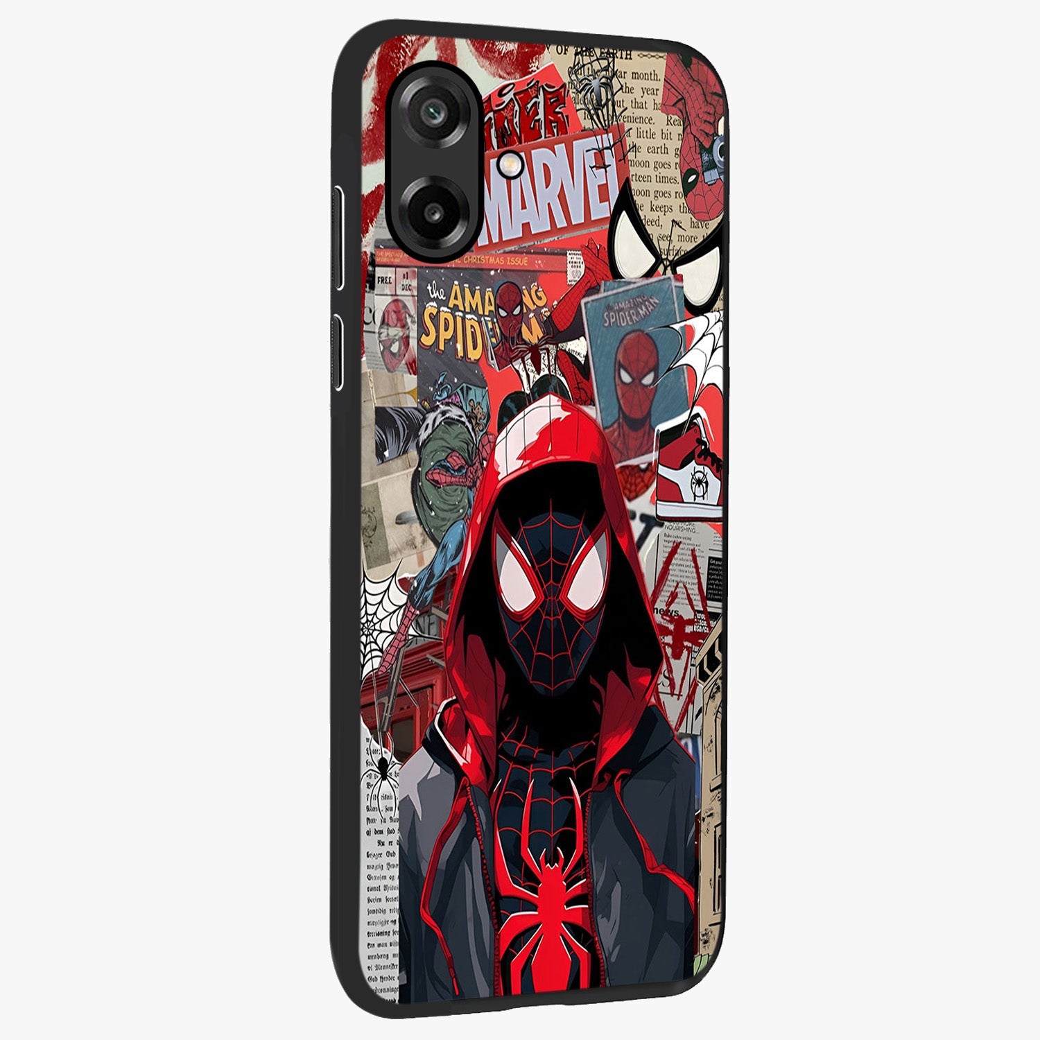 Spider Collage Street Glass Case upright view showcasing bold superhero artwork with urban street theme.