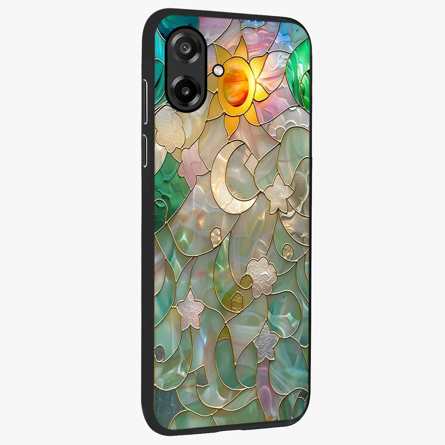 Stained Sunrise Glow Glass Case upright view showcasing colorful sunrise artwork with warm morning theme.
