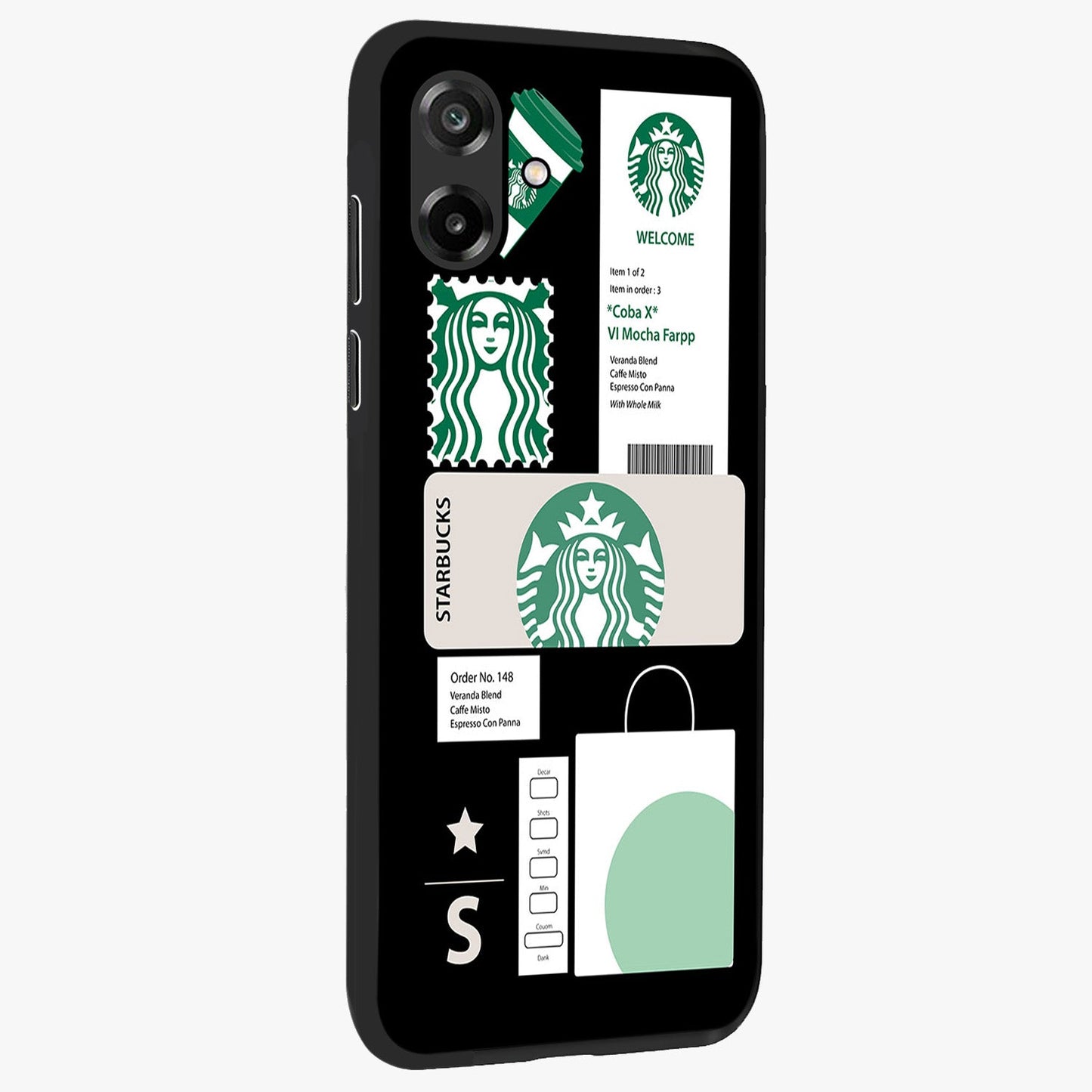 Starbucks Mocha Glass Case upright view showcasing trendy coffee inspired artwork with modern lifestyle theme.