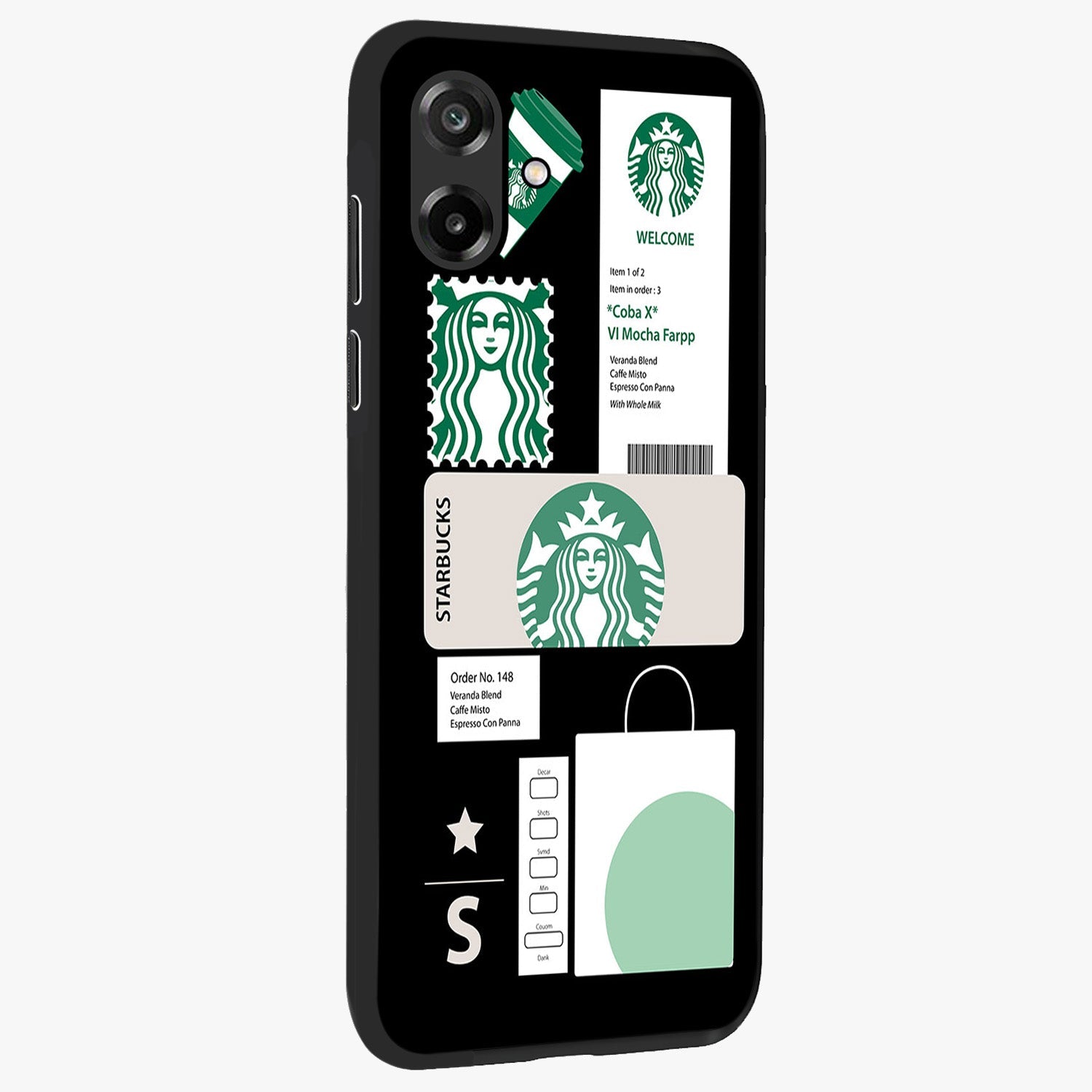Starbucks Mocha Glass Case upright view showcasing trendy coffee inspired artwork with modern lifestyle theme.
