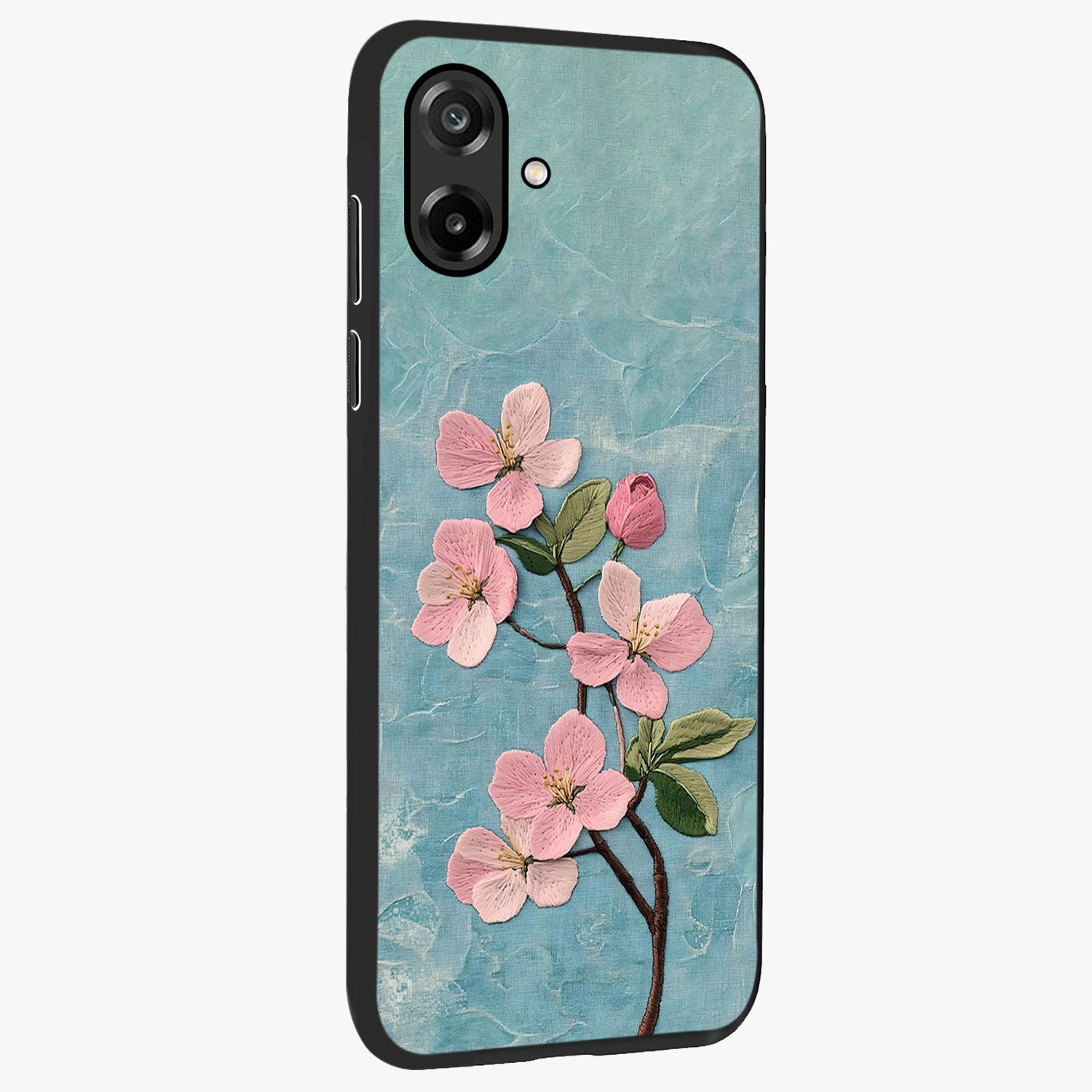 Threaded Blossom Breeze Glass Case upright view showcasing graceful flower artwork with calm botanical theme.