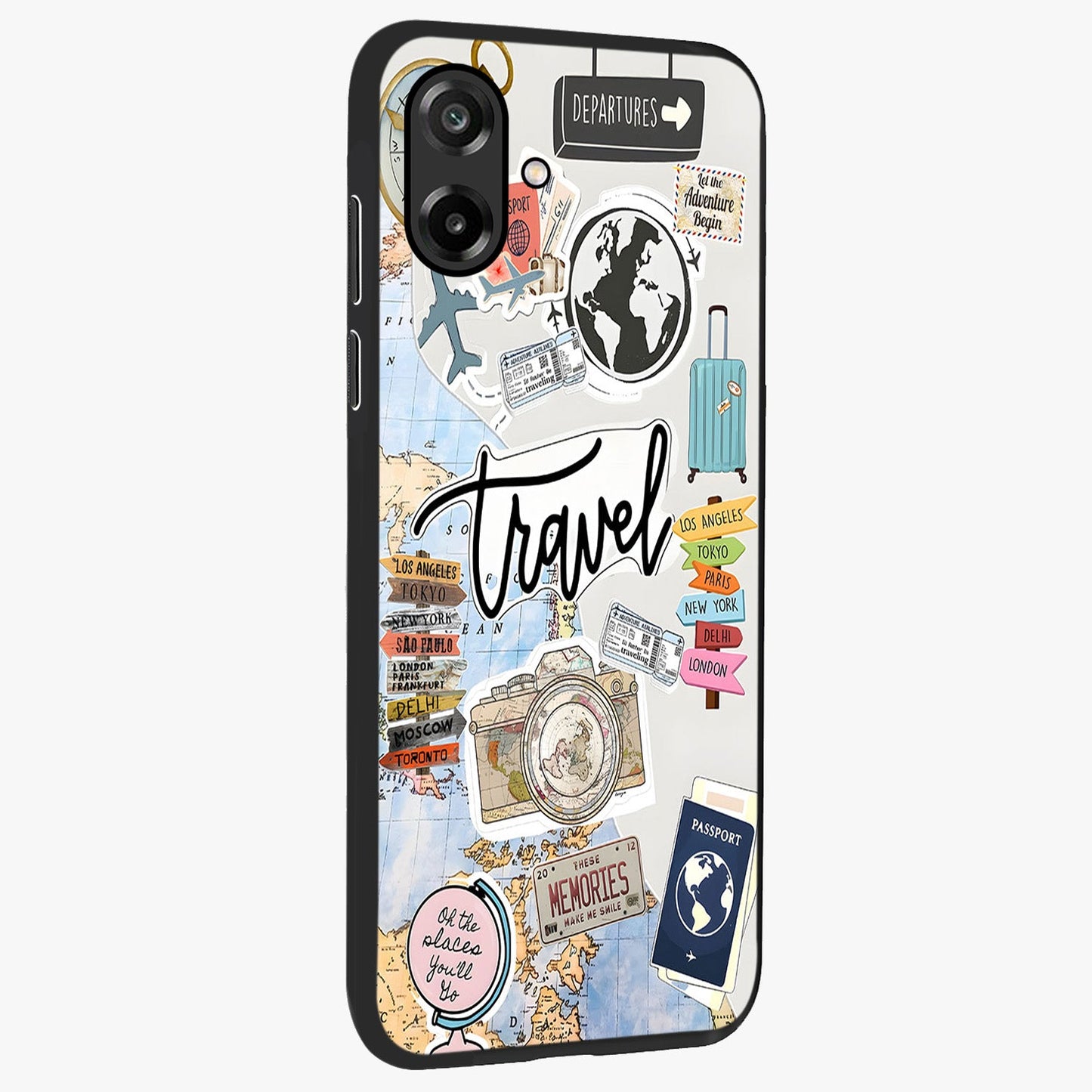 Wanderlust Journal Glass Case upright view showcasing wanderlust inspired artwork with creative exploration theme.
