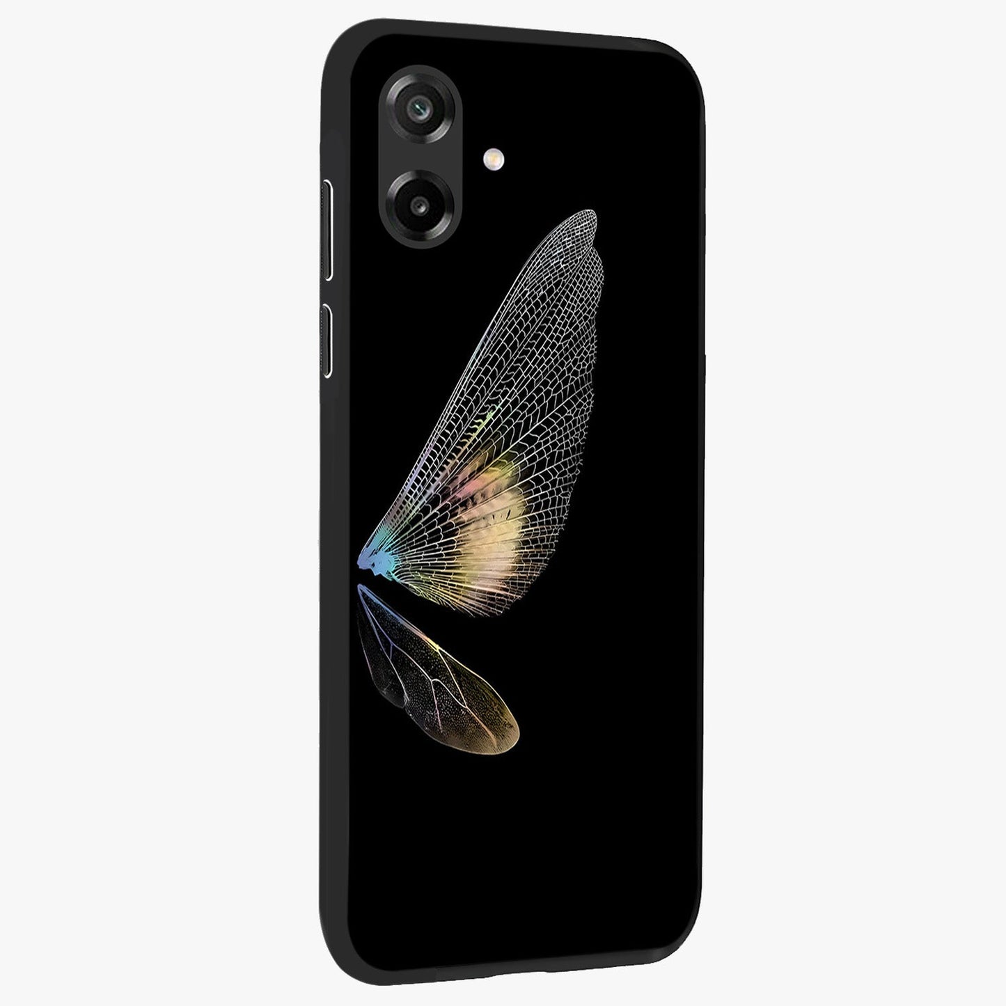 Whispers Of Wings Glass Case upright view showcasing elegant wing artwork with light airy theme.