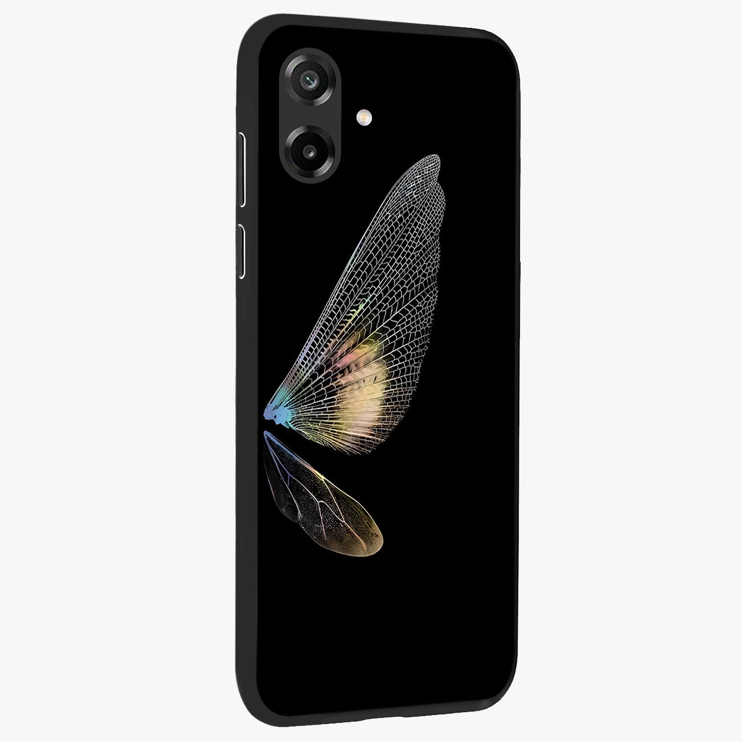 Whispers Of Wings Glass Case upright view showcasing elegant wing artwork with light airy theme.