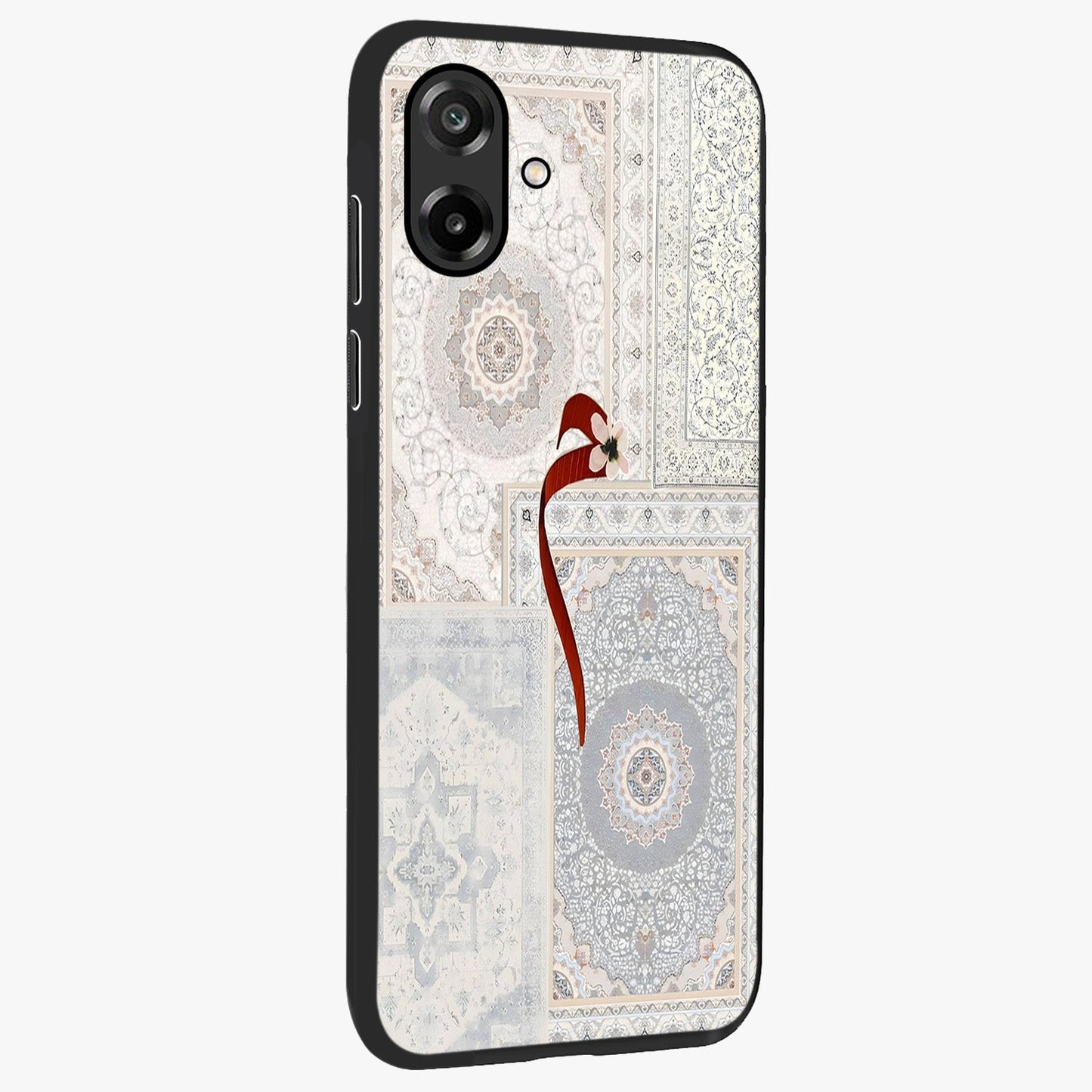White Aesthetic Bow Glass Case upright view showcasing delicate ribbon bow artwork with cute minimalist theme.