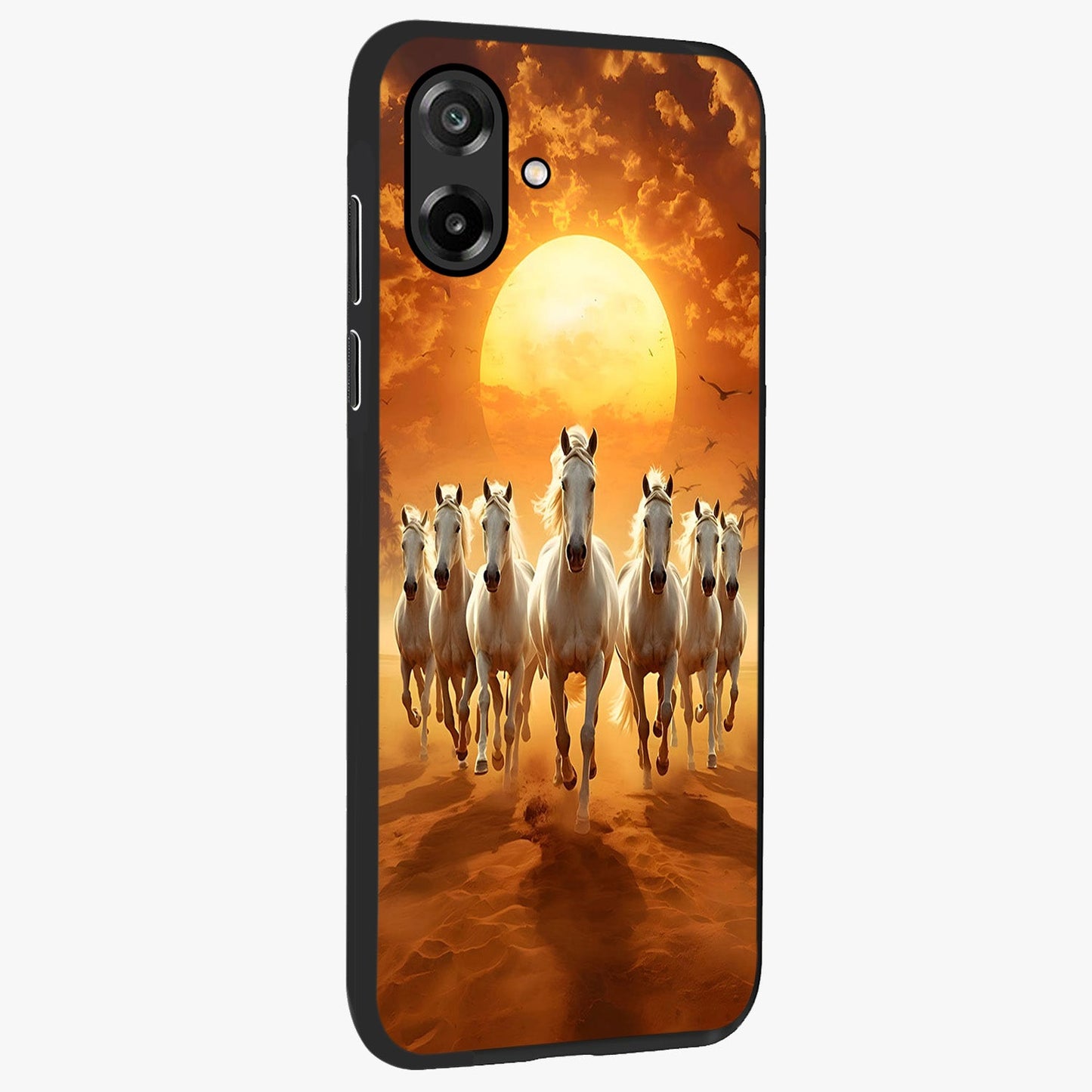 Wild Sunset Majesty Glass Case upright view showcasing dramatic sunset artwork with bold nature theme.