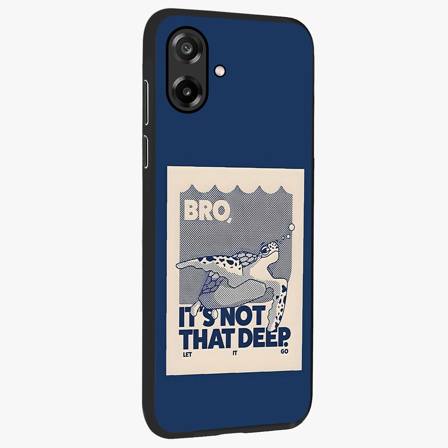 Worry Less Swim Glass Case upright view showcasing cheerful artistic artwork with carefree inspirational theme.