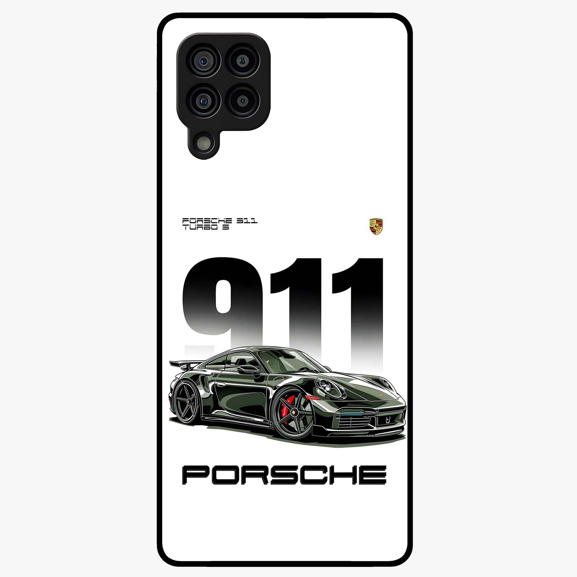 911 Turbo Dominance Glass Case showing clean flat back view with bold 911 sports car artwork and glossy glass finish.
