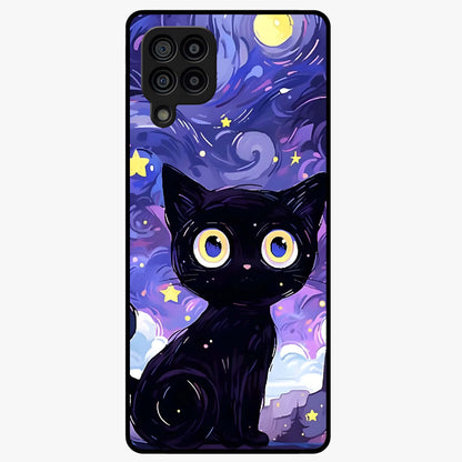 Abstract Cat Art Glass Case showing flat back view with artistic cat illustration and glossy glass finish.