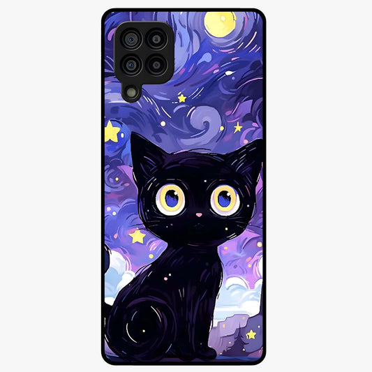 Abstract Cat Art Glass Case showing flat back view with artistic cat illustration and glossy glass finish.
