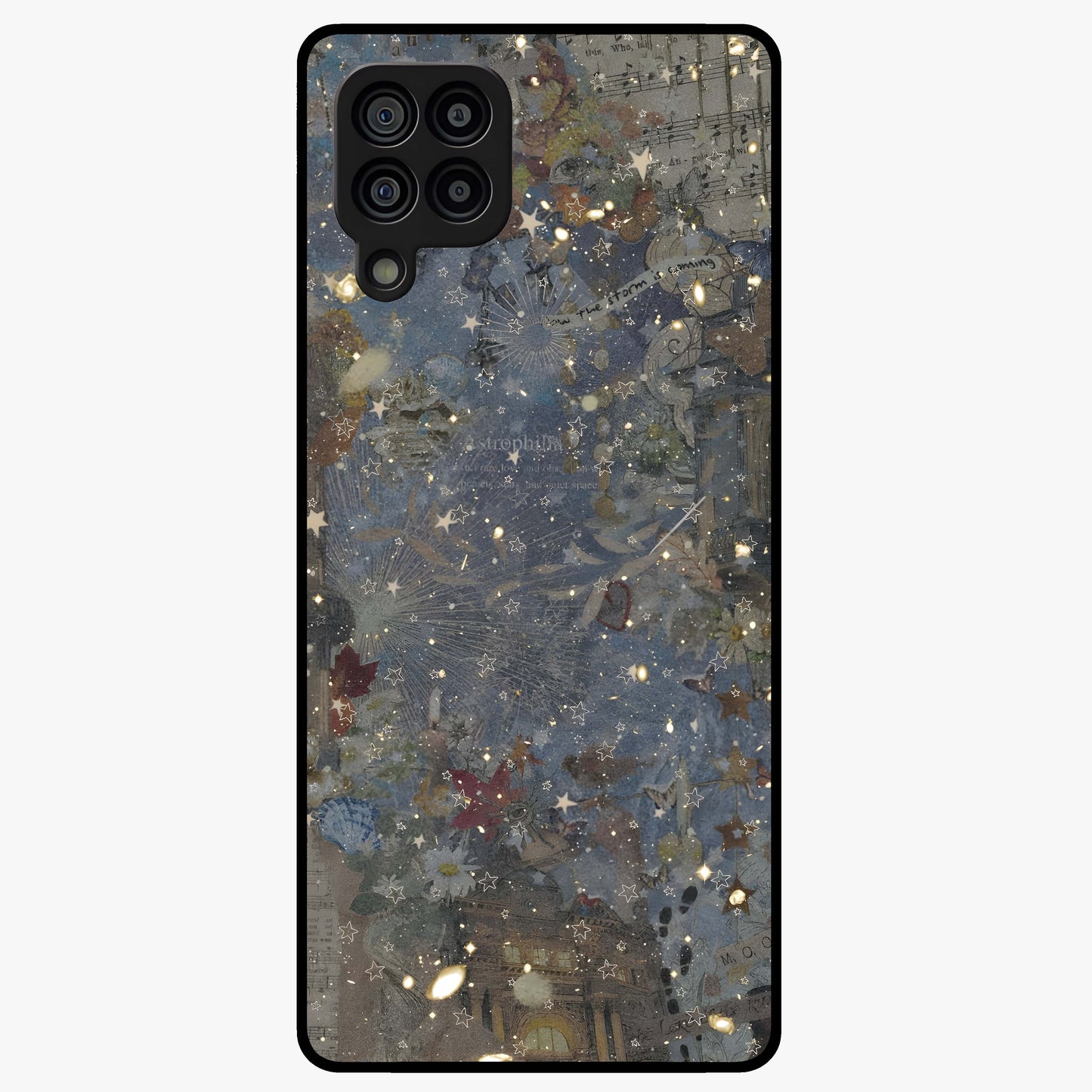 Aesthetic Astrolophia Glass Case showing flat back view with dreamy aesthetic design and glossy glass finish.