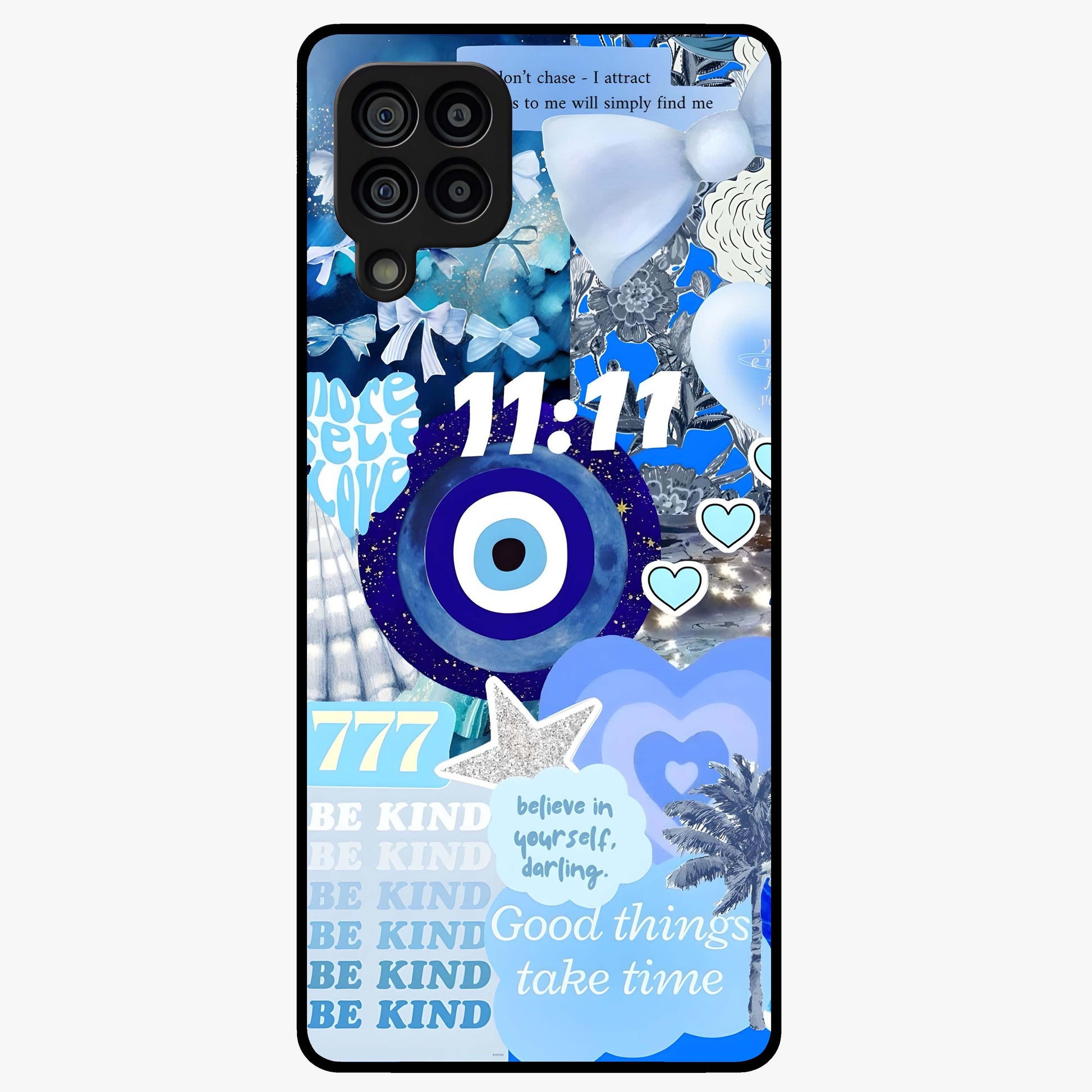 Aesthetic Be Kind Eye Glass Case showing flat back view with motivational eye artwork and glossy glass finish.