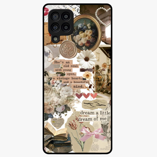 Aesthetic Brown Vintage Collage Glass Case showing flat back view with retro collage artwork and glossy glass finish.