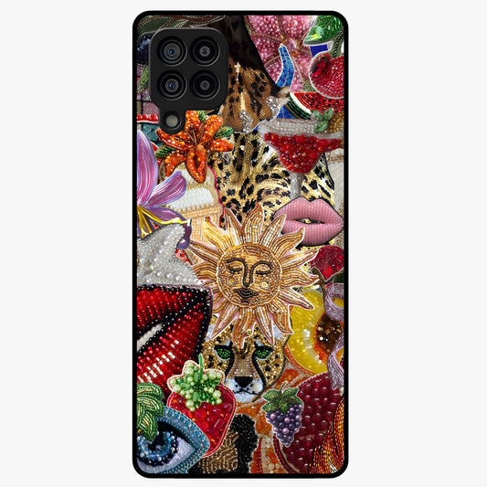 Beaded Fashion Jungle Glass Case showing flat back view with vibrant jungle inspired bead artwork and glossy glass finish.