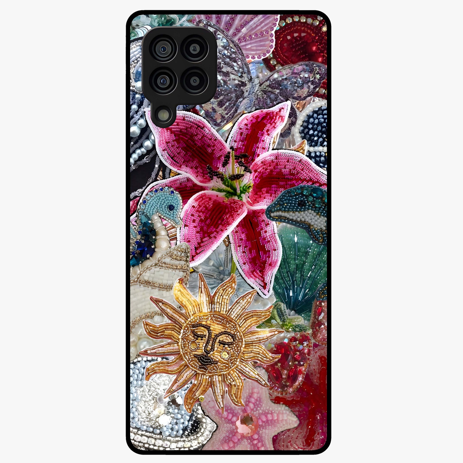 Beaded Garden Fantasy Glass Case showing flat back view with dreamy garden bead artwork and glossy glass finish.