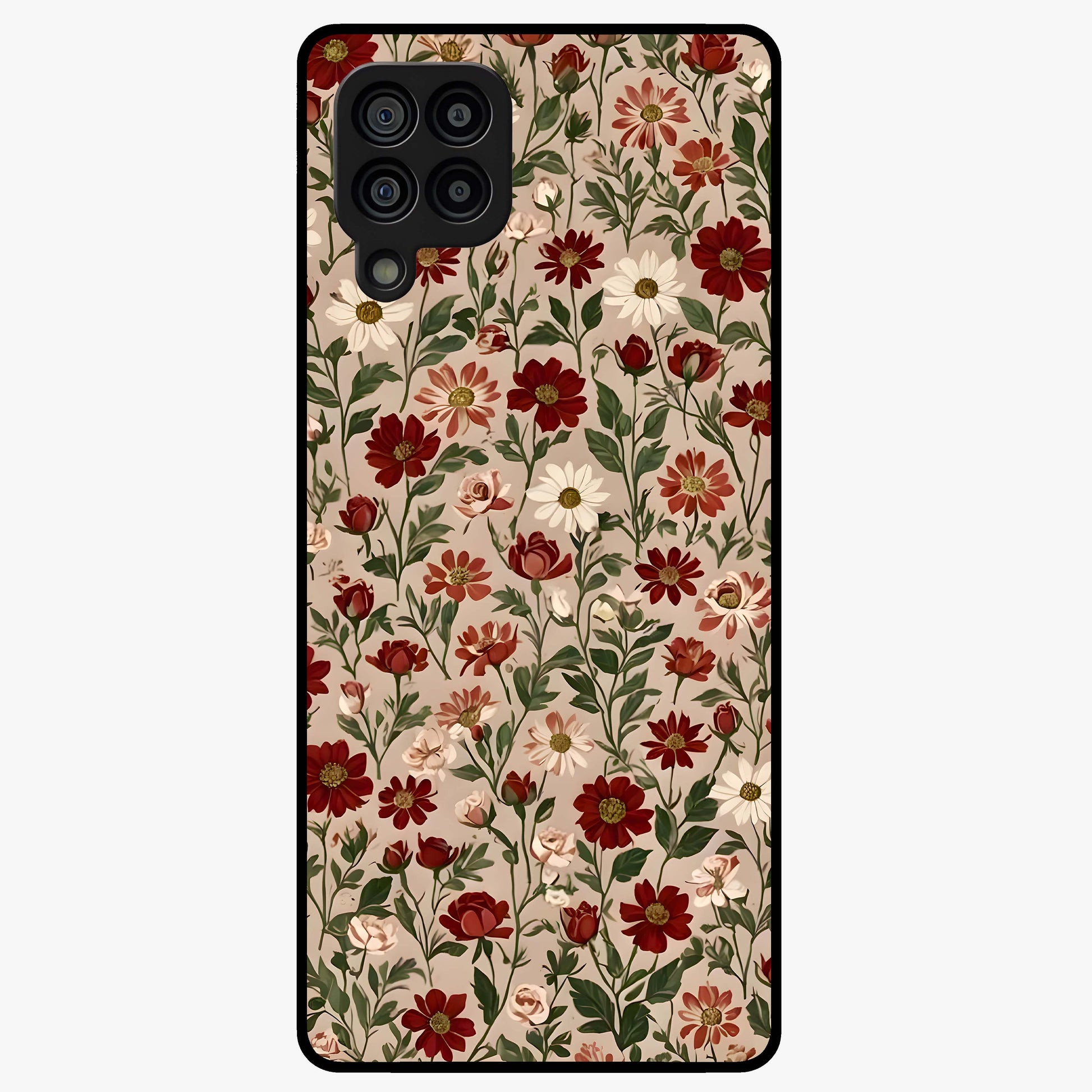 Biege Flower With Leaf Glass Case showing flat back view with soft beige floral artwork and glossy glass finish.