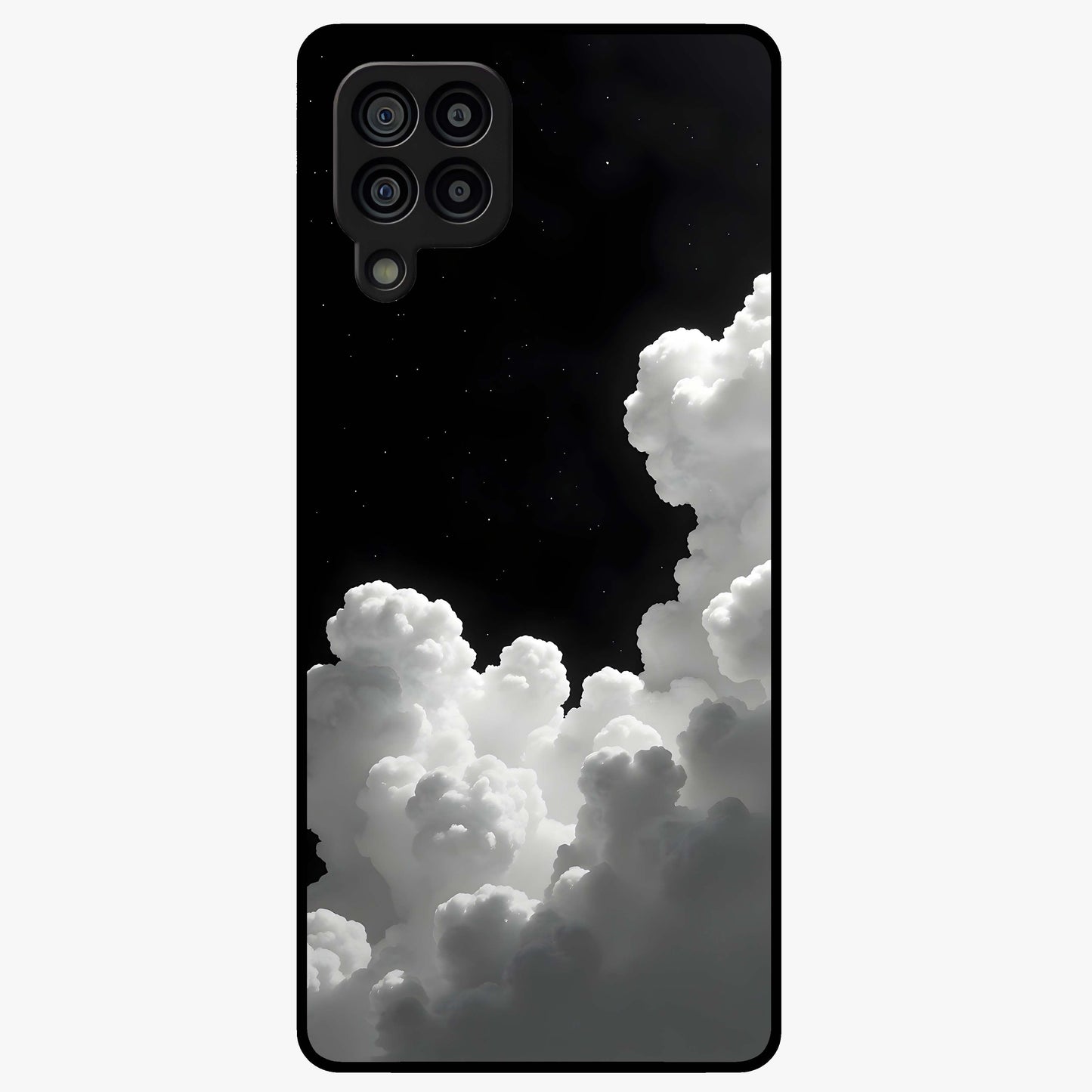 Black Background With White Cloud Glass Case showing flat back view with minimal cloud artwork on dark background and glossy glass finish.