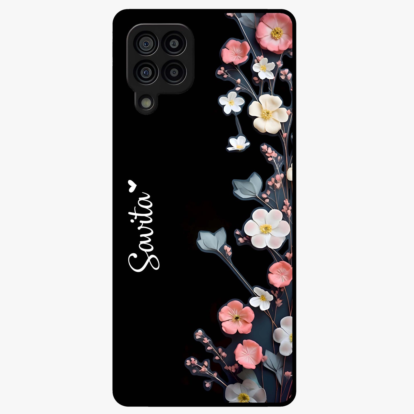 Black Elegance Floral Custom Name Glass Case showing flat back view with elegant floral artwork and personalized name design.