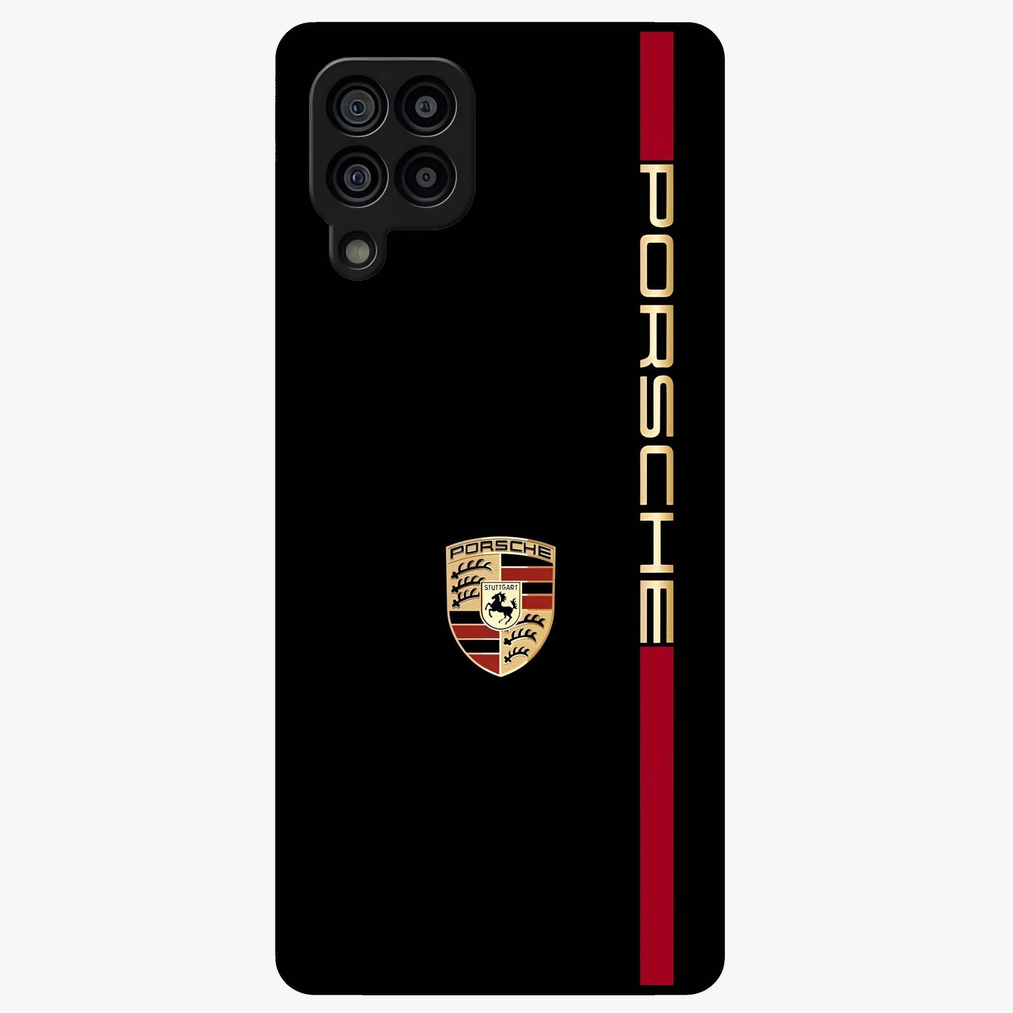 Black Minimal Porsche Glass Case showing flat back view with sleek minimal sports car artwork and glossy glass finish.