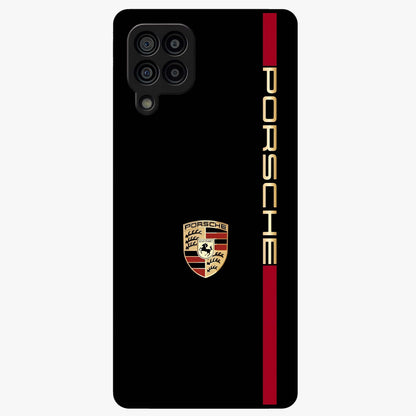 Black Minimal Porsche Glass Case showing flat back view with sleek minimal sports car artwork and glossy glass finish.