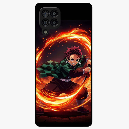 Blazing Sword Resolve Glass Case showing flat back view with fiery sword artwork and glossy glass finish.