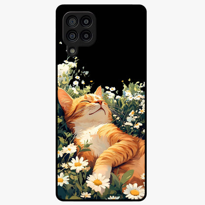 Blissful Bloom Cat Glass Case showing flat back view with cute cat and floral bloom artwork and glossy glass finish.