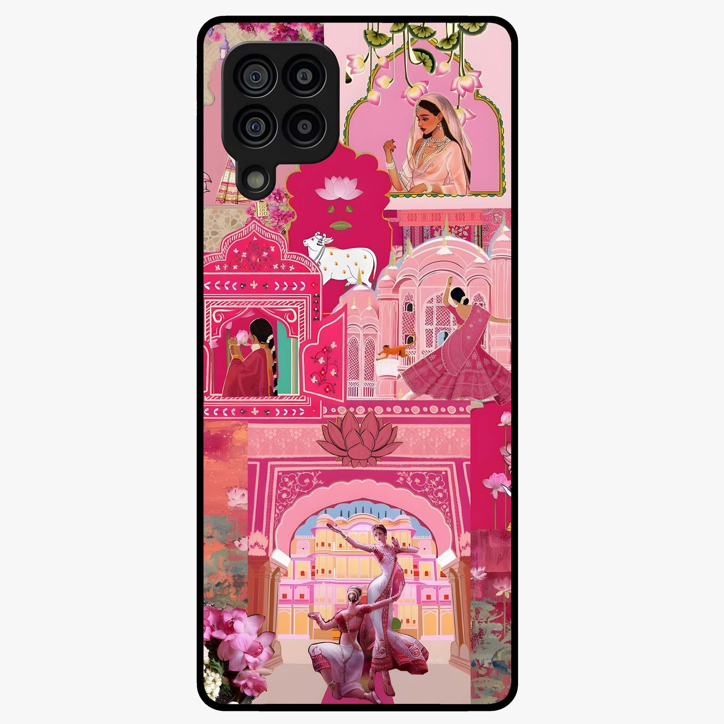 Blossoms of Rajasthan Glass Case showing flat back view with traditional floral artwork inspired by Rajasthan and glossy glass finish.