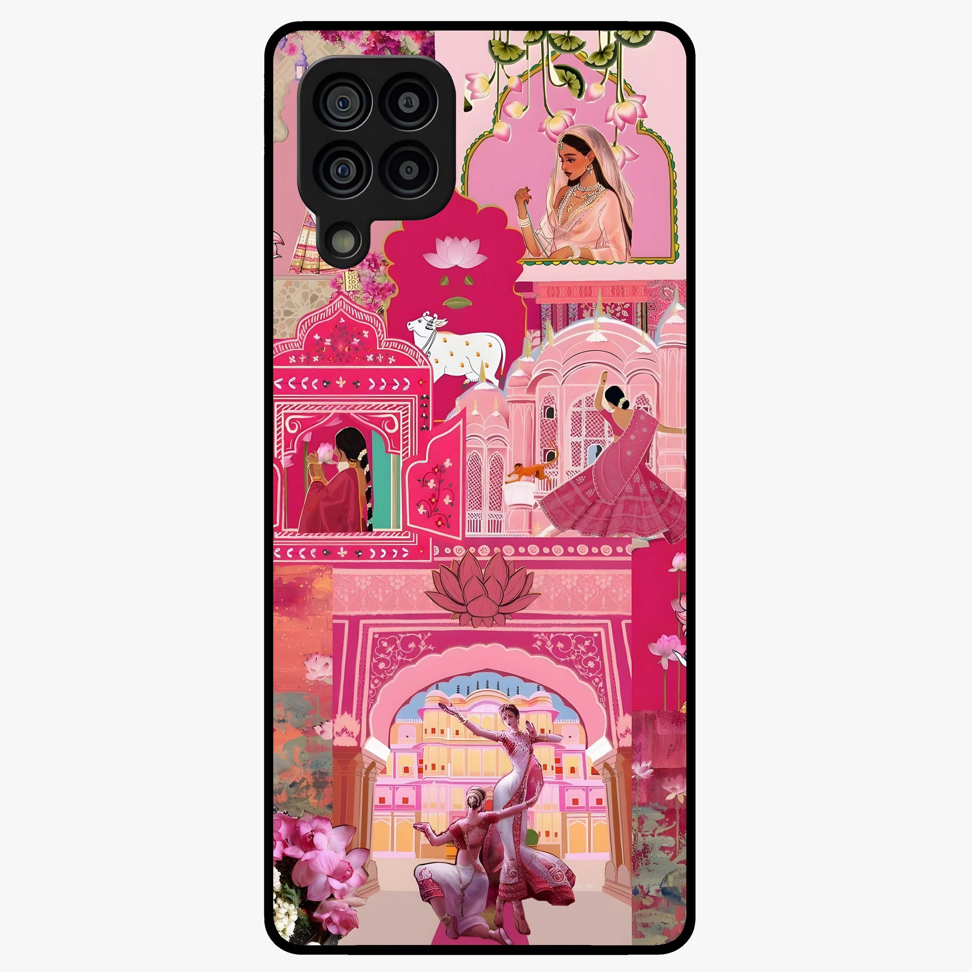 Blossoms of Rajasthan Glass Case showing flat back view with traditional floral artwork inspired by Rajasthan and glossy glass finish.