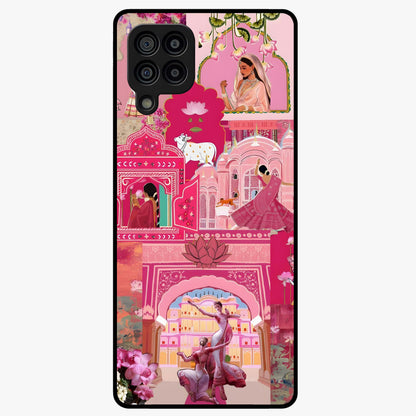 Blossoms of Rajasthan Glass Case showing flat back view with traditional floral artwork inspired by Rajasthan and glossy glass finish.