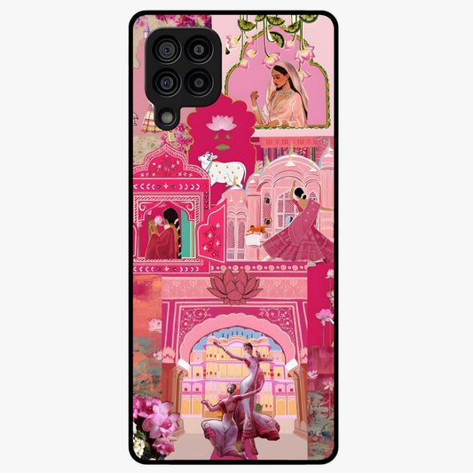 Blossoms of Rajasthan Glass Case showing flat back view with traditional floral artwork inspired by Rajasthan and glossy glass finish.