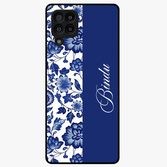 Blue Vintage Floral Pattern Glass Case upright view showcasing timeless floral illustration with vintage inspired style.