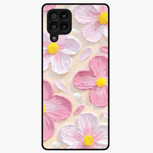 Blush Bloom Texture Glass Case showing flat back view with soft blush floral texture artwork and glossy glass finish.