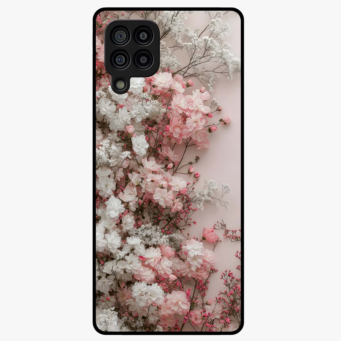 Blush Blossom Cloud Glass Case showing flat back view with dreamy blush cloud blossom artwork and glossy glass finish.