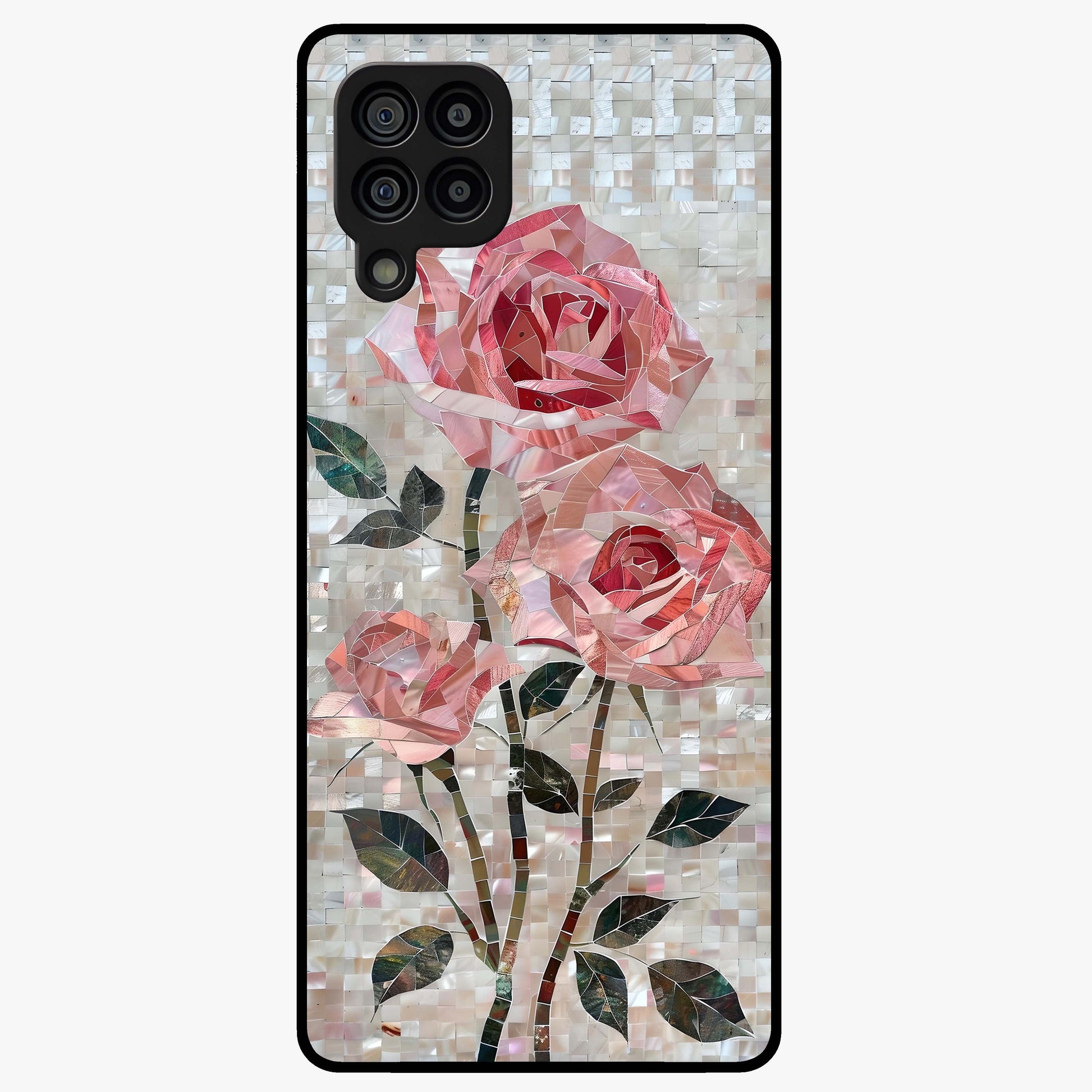 Blush Mosaic Bloom Glass Case showing flat back view with mosaic floral bloom artwork and glossy glass finish.