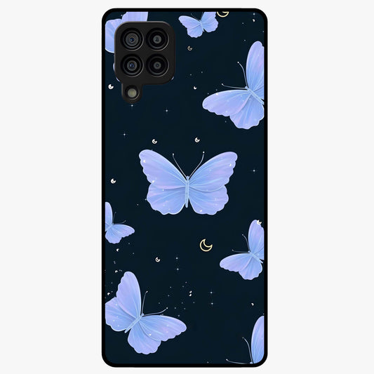 Butterfly With Stars Pattern Glass Case showing flat back view with butterfly and star pattern artwork and glossy glass finish.