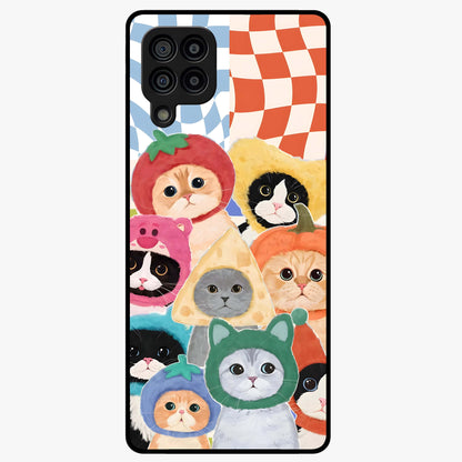 Cats in Fruits Glass Case showing flat back view with playful cat illustrations inside fruit artwork and glossy glass finish.