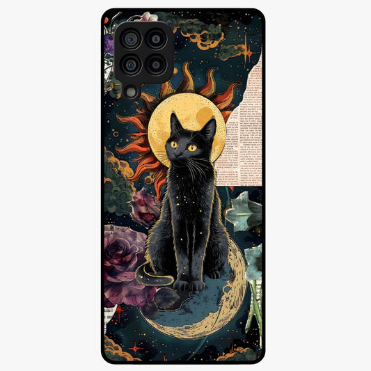 Celestial Black Cat Glass Case showing flat back view with mystical black cat artwork and glossy glass finish.
