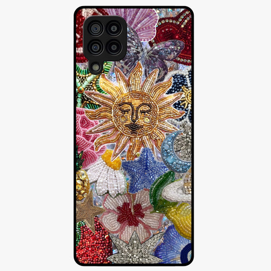 Celestial Floral and Playful Glass Case showing flat back view with floral and celestial themed artwork and glossy glass finish.