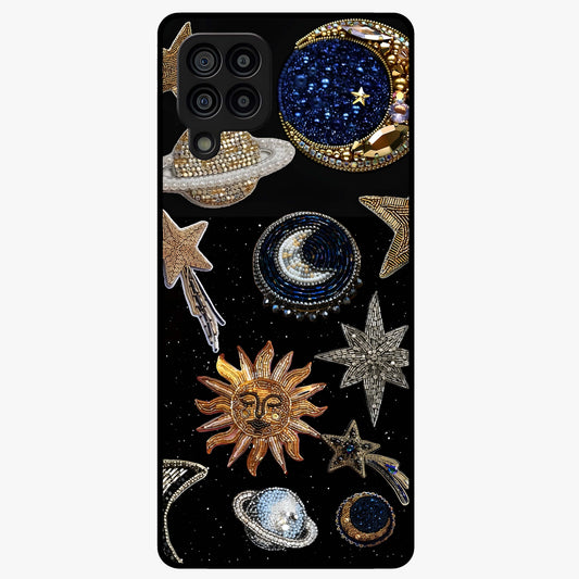 Celestial Gem Constellations Glass Case showing flat back view with sparkling constellation artwork and glossy glass finish.
