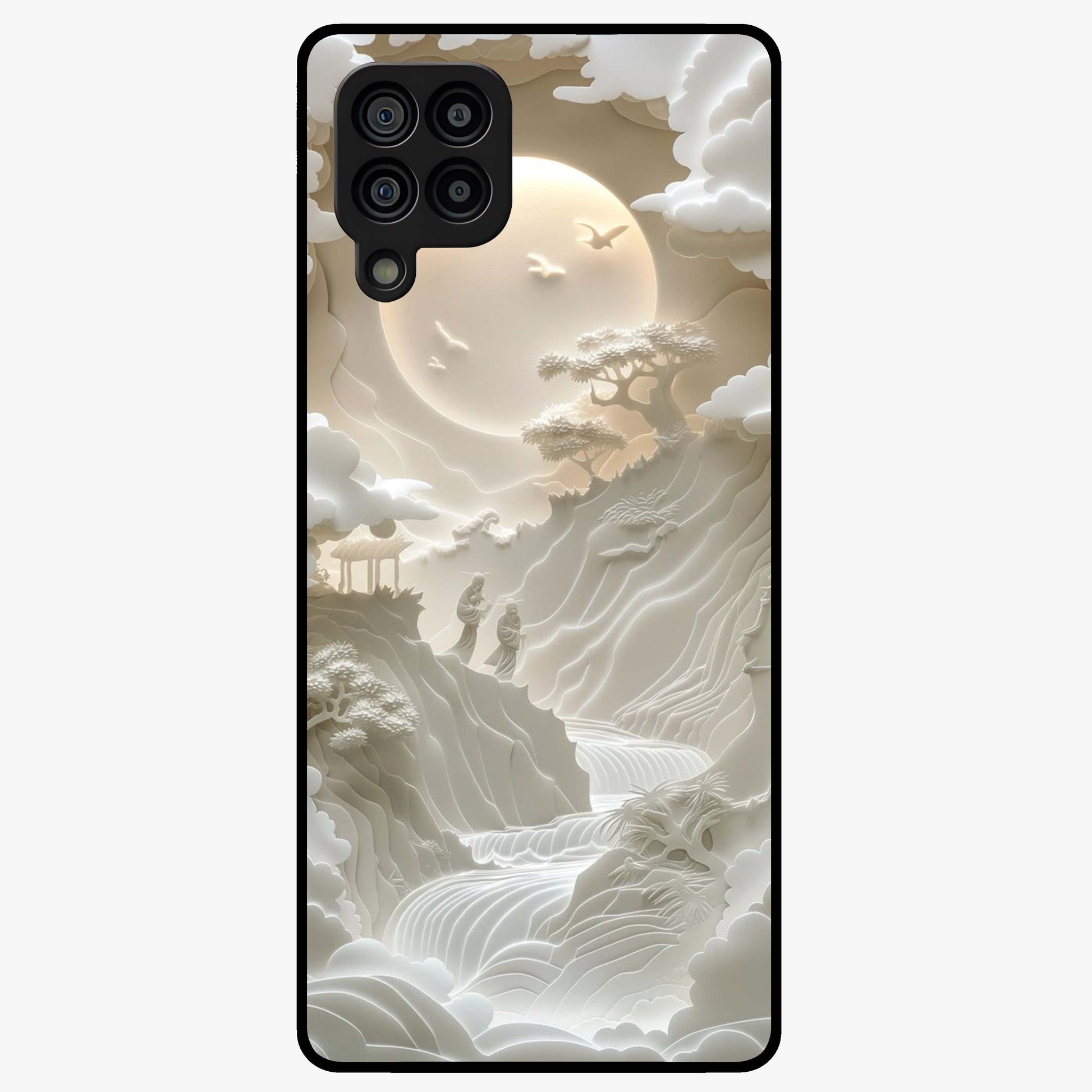 Celestial Origami Glass Case showing flat back view with artistic origami inspired celestial artwork and glossy glass finish.
