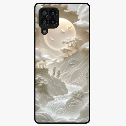 Celestial Origami Glass Case showing flat back view with artistic origami inspired celestial artwork and glossy glass finish.