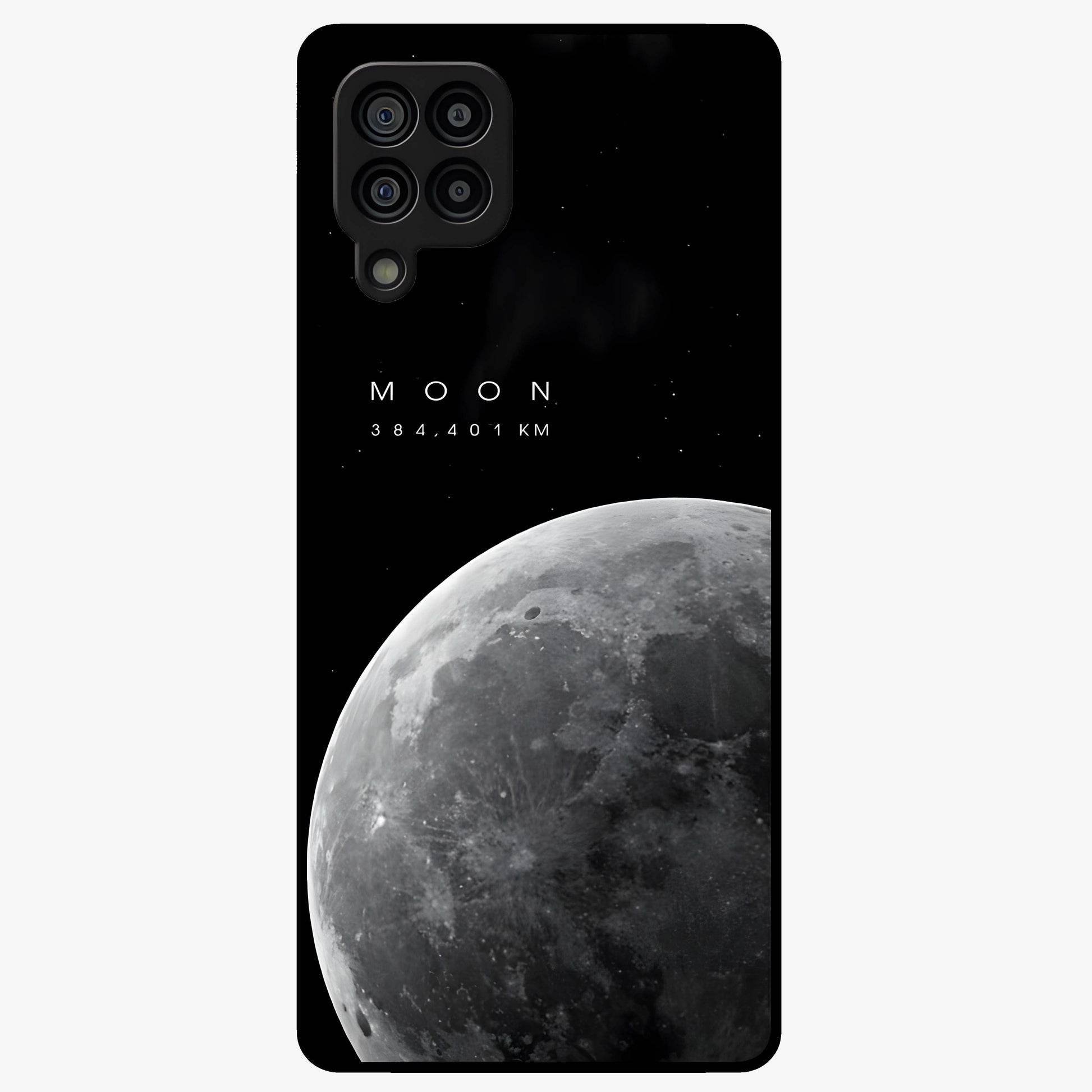 Cosmic Moon Glow Glass Case showing flat back view with glowing moon artwork and glossy glass finish.