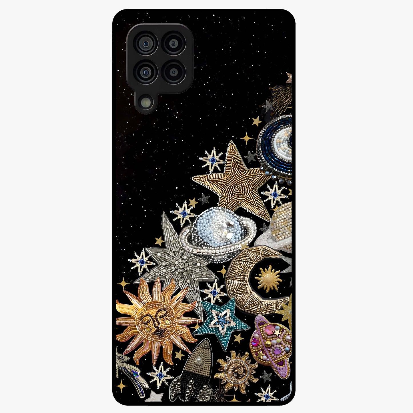 Cosmic Sparkle Dreams Glass Case showing flat back view with sparkling cosmic artwork and glossy glass finish.