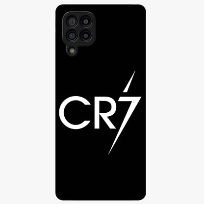 Cr7 Elite Strike Glass Case showing flat back view with dynamic football inspired artwork and glossy glass finish.