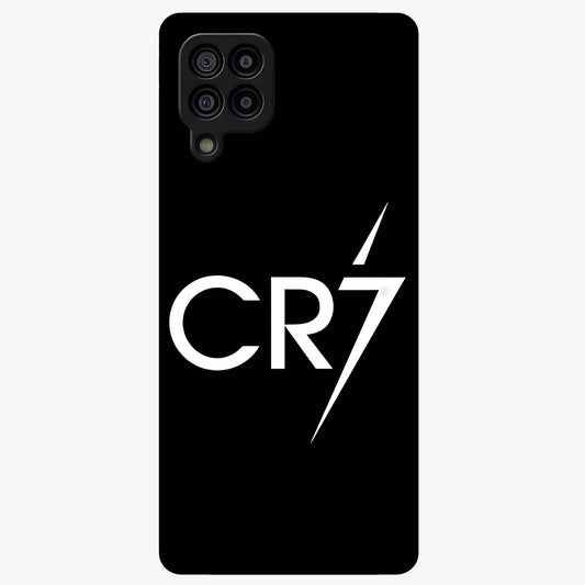 Cr7 Elite Strike Glass Case showing flat back view with dynamic football inspired artwork and glossy glass finish.